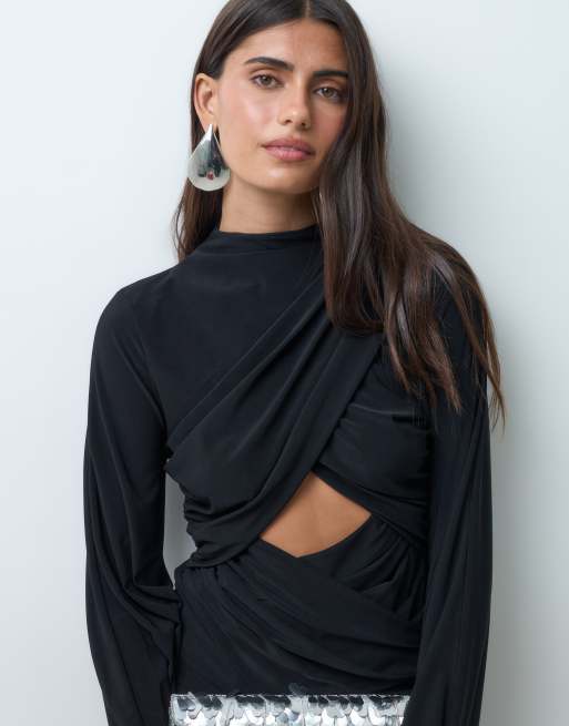 ASOS DESIGN vestito maxi nero con maniche esagerate e scollo incrociato, 3 di 5