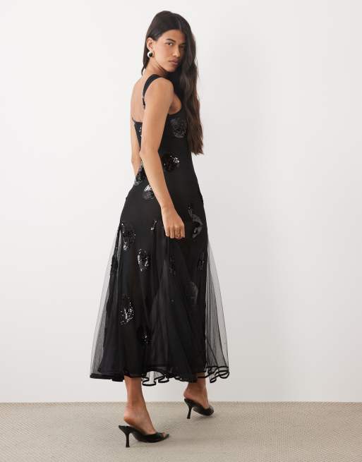 ASOS DESIGN vestito maxi nero con pois e paillettes, 4 di 4