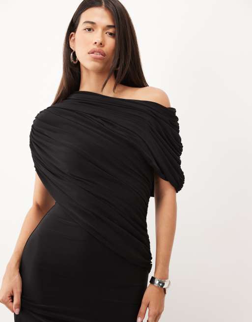 ASOS DESIGN vestito maxi nero con spalle scoperte, dettaglio incrociato sul corpino e strascico, 1 di 4