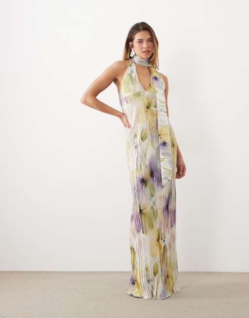 ASOS DESIGN vestito maxi plissé con stampa floreale viola e dettaglio foulard