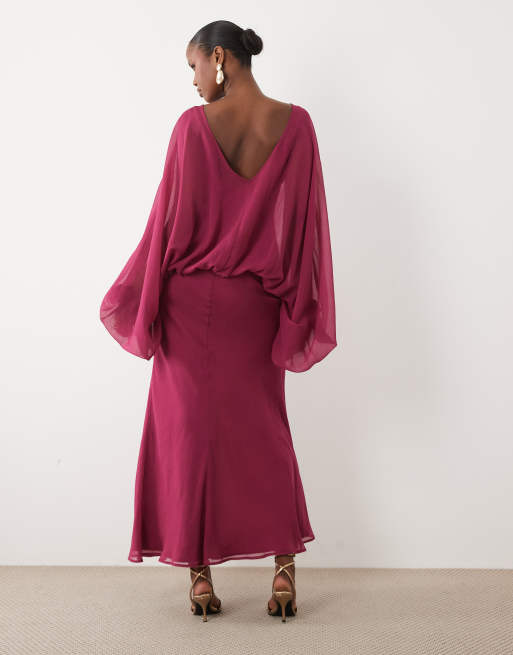 ASOS DESIGN vestito maxi rosa con maniche a palloncino e vita bluson, 4 di 4