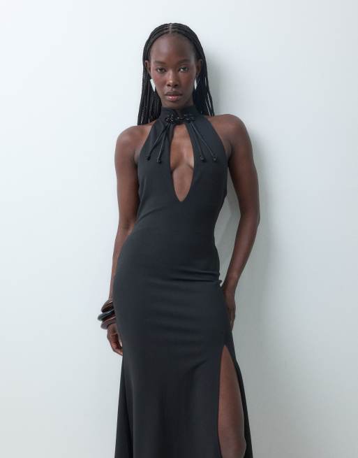 ASOS DESIGN vestito maxi senza maniche con collo alla coreana e chiusura decorata in nero, 4 di 7