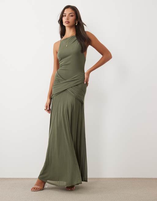 ASOS DESIGN vestito maxi senza maniche in rete con dettaglio frontale intrecciato in khaki, 1 di 4