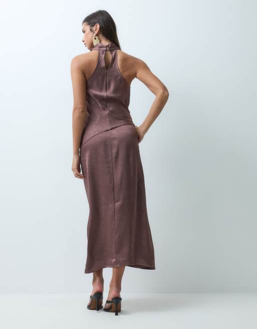 ASOS DESIGN vestito midaxi all'americana con scollo ad anello marrone, 2 di 5