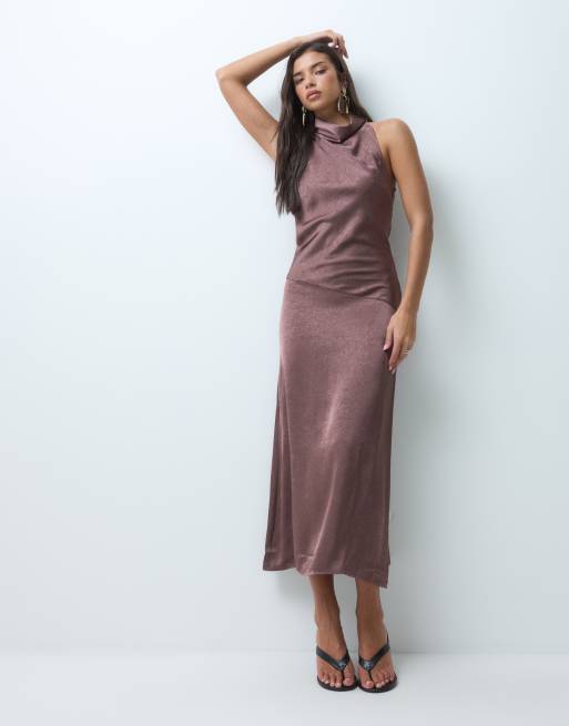 ASOS DESIGN vestito midaxi all'americana con scollo ad anello marrone, 5 di 5