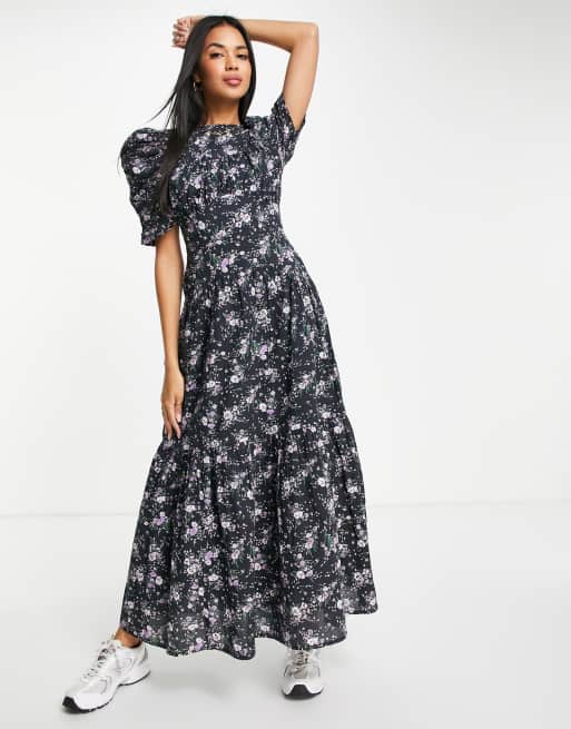 ASOS DESIGN - Vestito midi a balze in cotone a fiorellini con maniche arricciate e bottoni sul retro