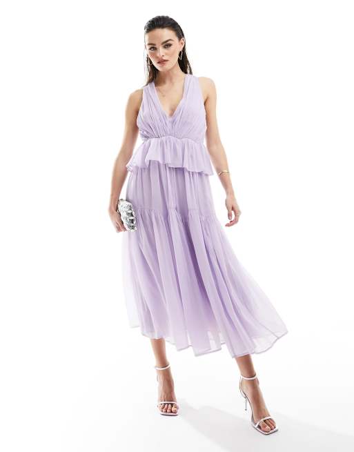 ASOS DESIGN - Vestito midi a balze lilla crepuscolare con scollo profondo e pieghe