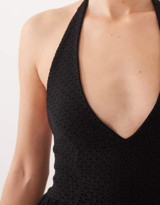 ASOS DESIGN - Vestito midi a balze nero allacciato al collo all'uncinetto, 3 di 4