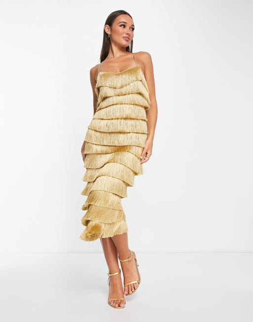 ASOS DESIGN - Vestito midi a balze oro con frange e incrocio sul retro, 4 di 4