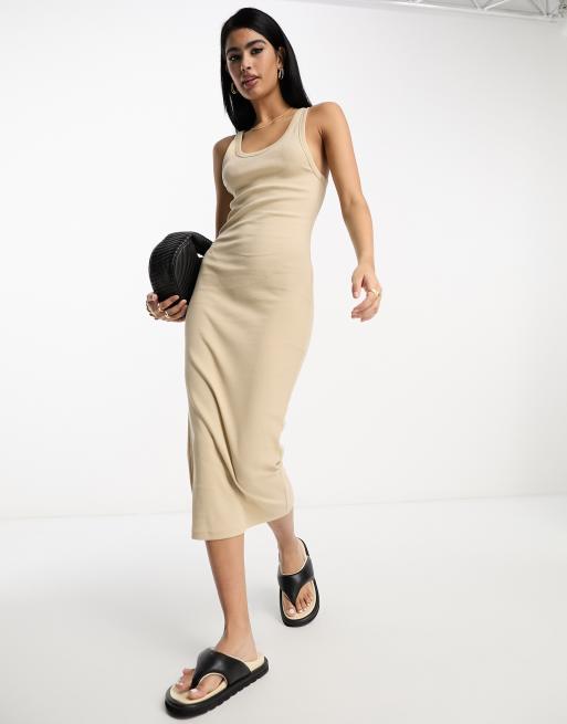 ASOS DESIGN - Vestito midi a canottiera color pietra a coste con scollo rotondo , 3 di 4