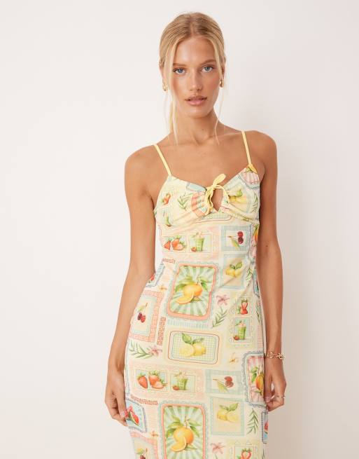 ASOS DESIGN - Vestito midi a canottiera in rete con stampa di frutta e coulisse frontale, 3 di 4
