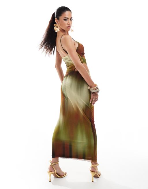 ASOS DESIGN - Vestito midi a canottiera monospalla in rete con stampa verde sfumato e cut-out, 3 di 4