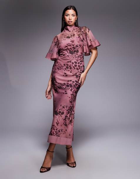 ASOS DESIGN - Vestito midi a colonna in chiffon e raso rosa con stampa astratta animalier e maniche ampie a metà - view 1