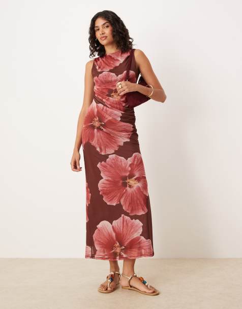 ASOS DESIGN - Vestito midi a colonna senza maniche in tessuto a rete a fiori grandi rosa con spacco laterale - view 1