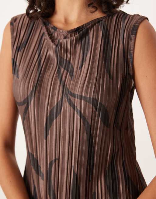ASOS DESIGN - Vestito midi a colonna senza maniche plissé marrone con stampa astratta, 2 di 4