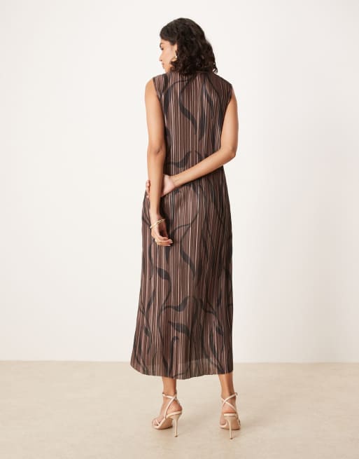 ASOS DESIGN - Vestito midi a colonna senza maniche plissé marrone con stampa astratta, 4 di 4