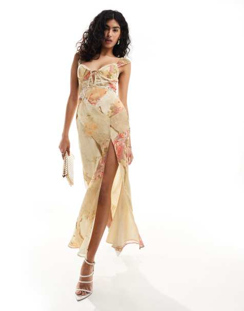 ASOS DESIGN - Vestito midi a corsetto con taglio sbieco e inserto in pizzo a fiori con toppe - view 1