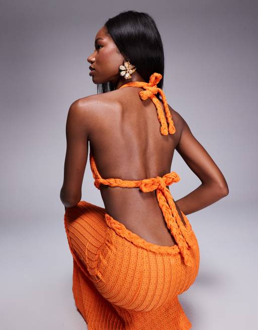 ASOS DESIGN - Vestito midi a coste allacciato al collo arancione testurizzato con dettagli a treccia, 3 di 4