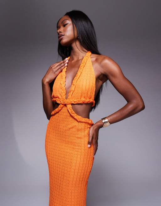 ASOS DESIGN - Vestito midi a coste allacciato al collo arancione testurizzato con dettagli a treccia, 4 di 4