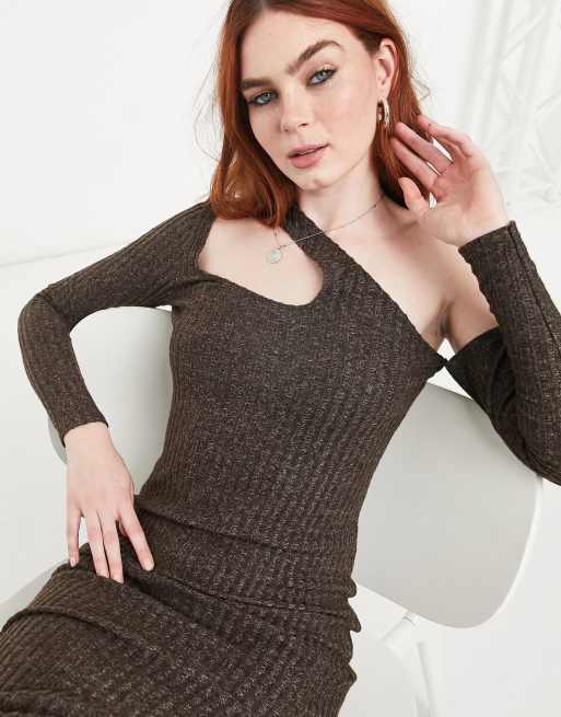 ASOS DESIGN - Vestito midi a coste con maniche lunghe e cut-out sul collo, colore marrone