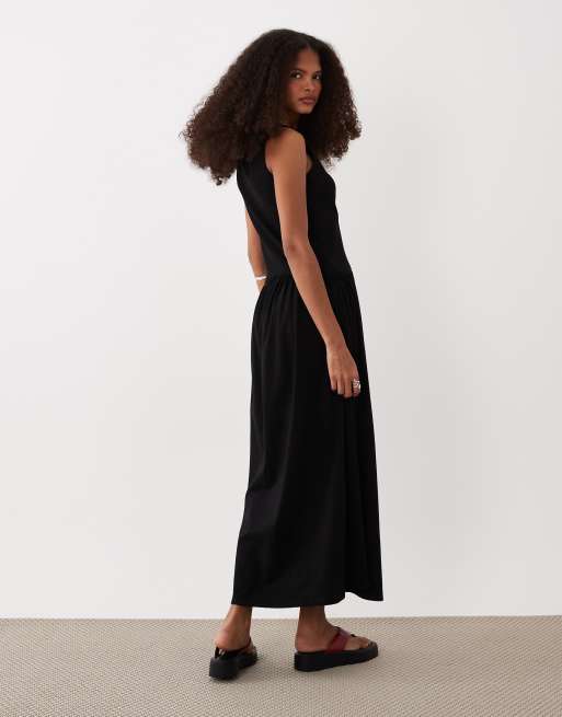 ASOS DESIGN - Vestito midi a coste nero con vita scesa, 4 di 4