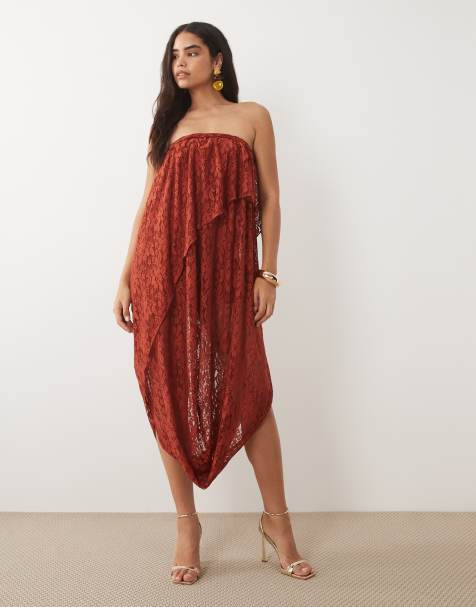 ASOS DESIGN - Vestito midi a fascia asimmetrico in pizzo color ruggine con drappeggio e dettaglio intrecciato - view 1