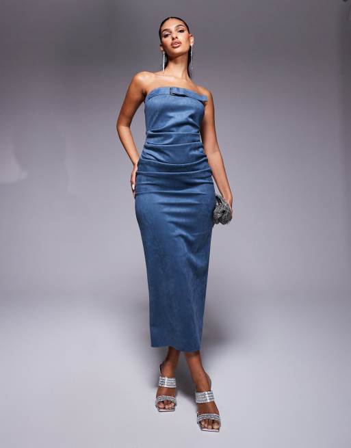 ASOS DESIGN - Vestito midi a fascia blu petrolio in camoscio sintetico con cintura