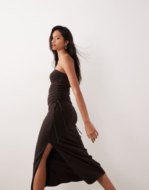 ASOS DESIGN - Vestito midi a fascia color cioccolato con arricciature laterali - view 1