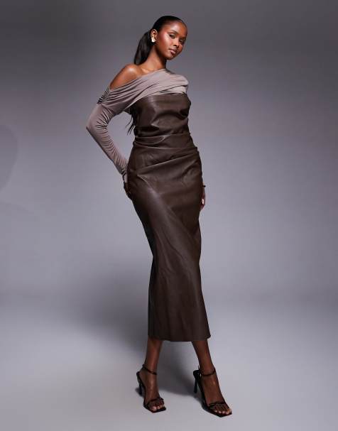 ASOS DESIGN - Vestito midi a fascia color cioccolato con spalla scesa in similpelle PU - view 1