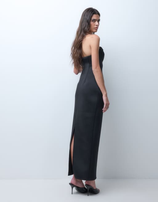 ASOS DESIGN vestito midi a fascia con drappeggio strutturato e bordo di perle nero, 4 di 5