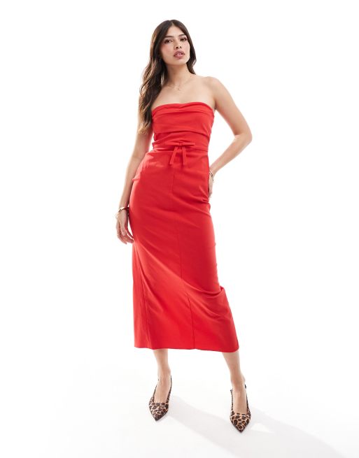 ASOS DESIGN - Vestito midi a fascia in bengalina con fiocco in vita, colore rosso