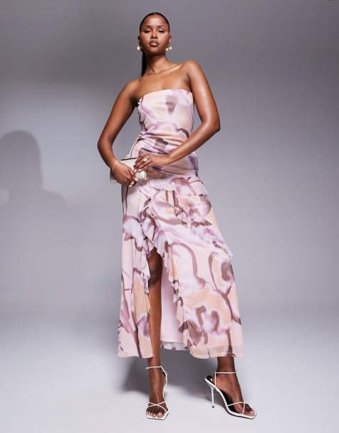 ASOS DESIGN - Vestito midi a fascia in rete stampata con volant - view 1