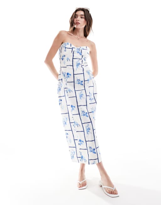 ASOS DESIGN - Vestito midi a fascia in twill con stampa fantasia a fiori blu