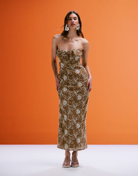ASOS DESIGN - Vestito midi a fascia incrociata beige all'uncinetto con fiori ricamati - view 1