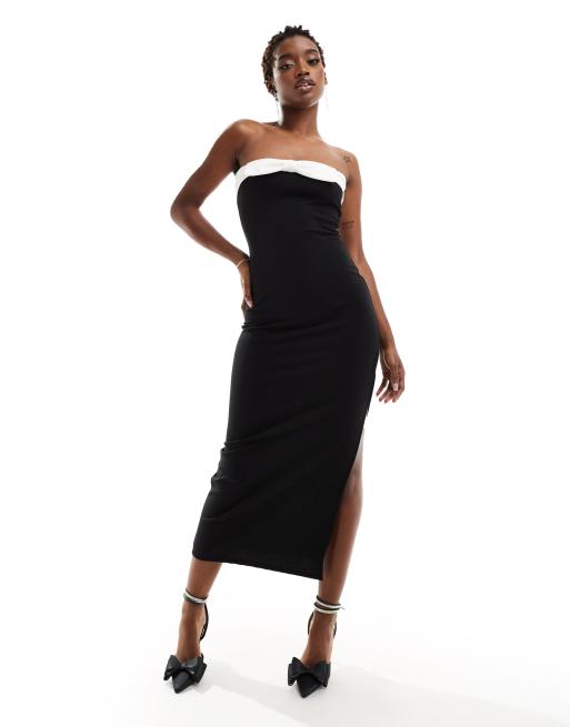 ASOS DESIGN - Vestito midi a fascia nero con fiocco a contrasto