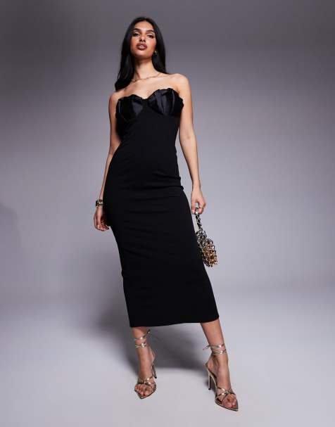 ASOS DESIGN - Vestito midi a fascia nero in tessuto effetto scuba con dettagli a pieghe sulle coppe - view 1