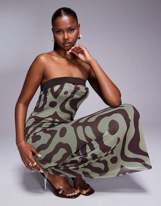 ASOS DESIGN - Vestito midi a fascia stampato con scollo a contrasto e dettaglio drappeggiato