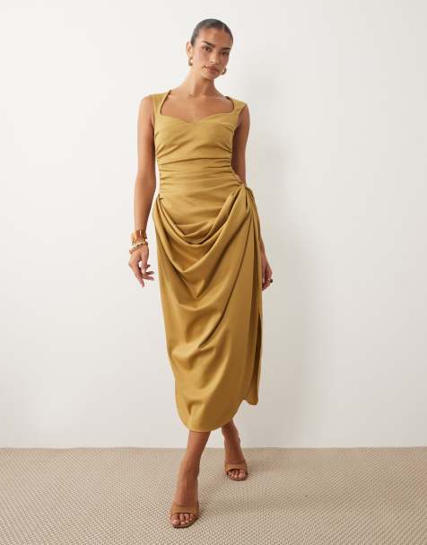 ASOS DESIGN - Vestito midi a fascia strutturato con gonna drappeggiata in tessuto scuba color oliva oro - view 1