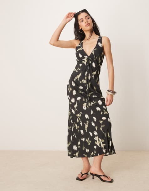 ASOS DESIGN - Vestito midi a fiori su base nera con dettaglio arricciato e allacciatura - view 1
