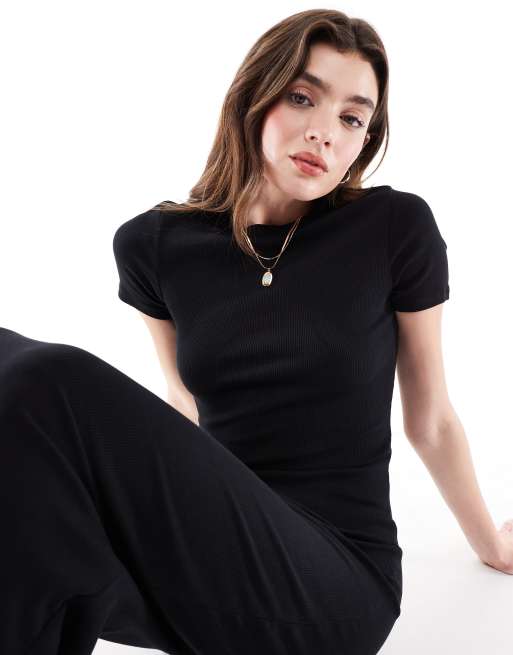 ASOS DESIGN - Vestito midi a maniche corte a colonna nero a coste, 2 di 4