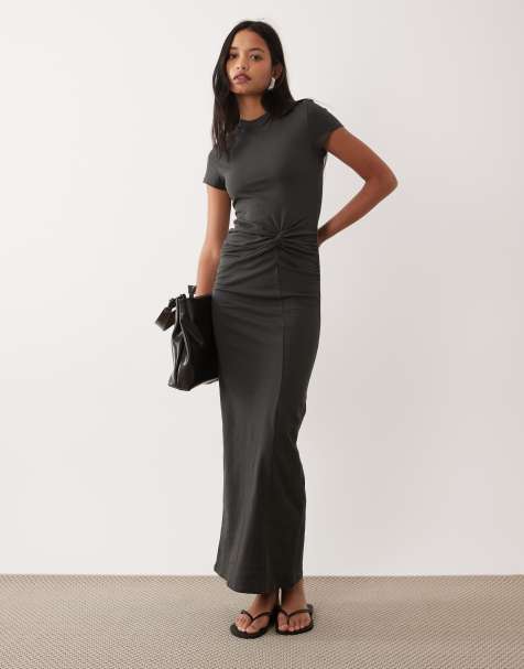 ASOS DESIGN - Vestito midi a maniche corte antracite con dettaglio attorcigliato - view 1