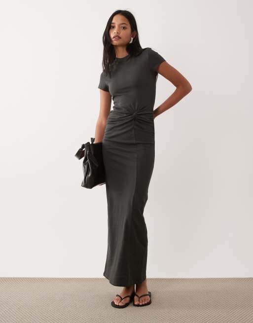 ASOS DESIGN - Vestito midi a maniche corte antracite con dettaglio attorcigliato