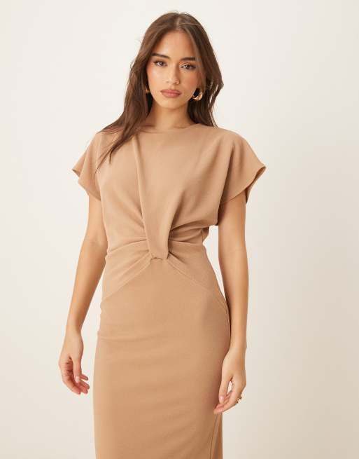 ASOS DESIGN - Vestito midi a maniche corte beige intrecciato sul davanti, 4 di 4