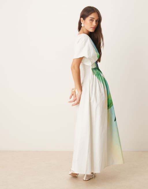 ASOS DESIGN - Vestito midi a maniche corte con stampa di rosa blu, scollo a V e pinces fitte, 3 di 4