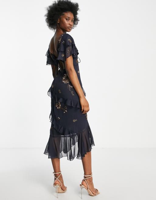 ASOS DESIGN - Vestito midi a maniche corte con volant blu navy, 3 di 4
