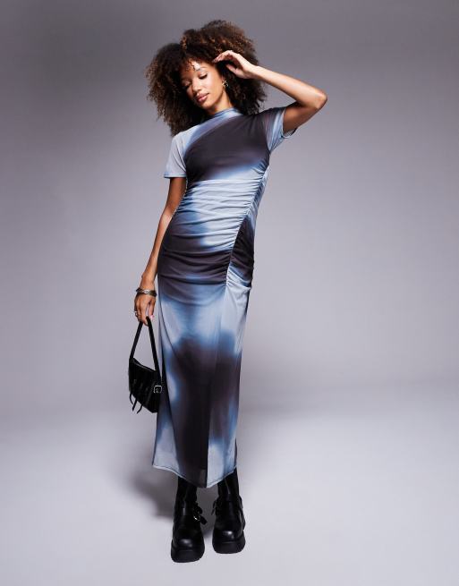 ASOS DESIGN - Vestito midi a maniche corte in rete drappeggiata con stampa sfocata e arricciatura