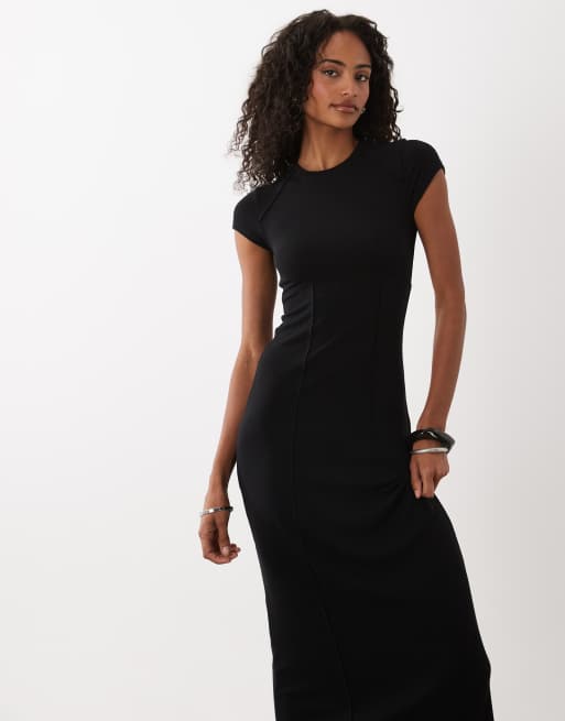 ASOS DESIGN - Vestito midi a maniche corte nero con cuciture a vista, 3 di 4