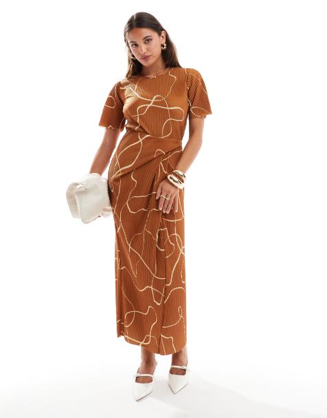 ASOS DESIGN - Vestito midi a maniche corte plissé bordeaux con stampa astratta e gonna con incrocio - view 1