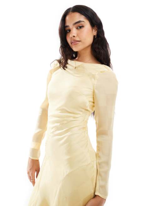ASOS DESIGN - Vestito midi a maniche lunghe accollato in raso giallo pastello a quadri, 2 di 4
