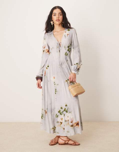 ASOS DESIGN - Vestito midi a maniche lunghe allacciato sul davanti blu a fiori con scollo a V - view 1